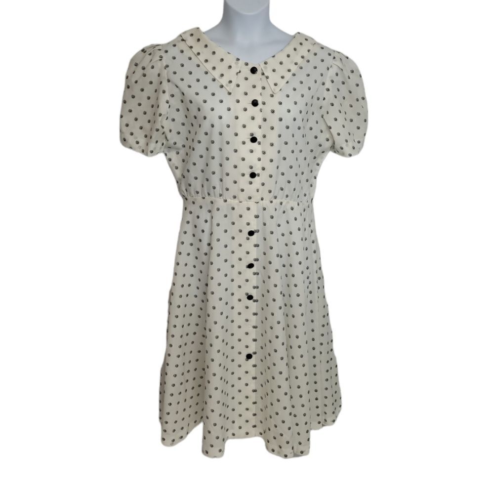VINTAGE 70s dress white polka dot handmade puff sleeve button up M